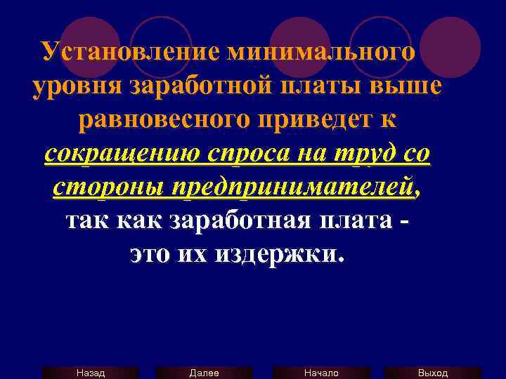 Установление минимального уровня заработной платы выше равновесного приведет к сокращению спроса на труд со