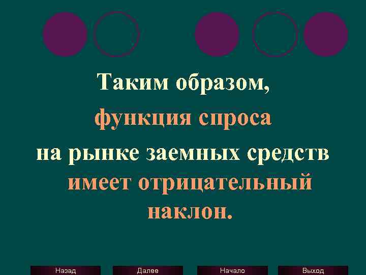 Таким образом, функция спроса на рынке заемных средств имеет отрицательный наклон. Назад Далее Начало