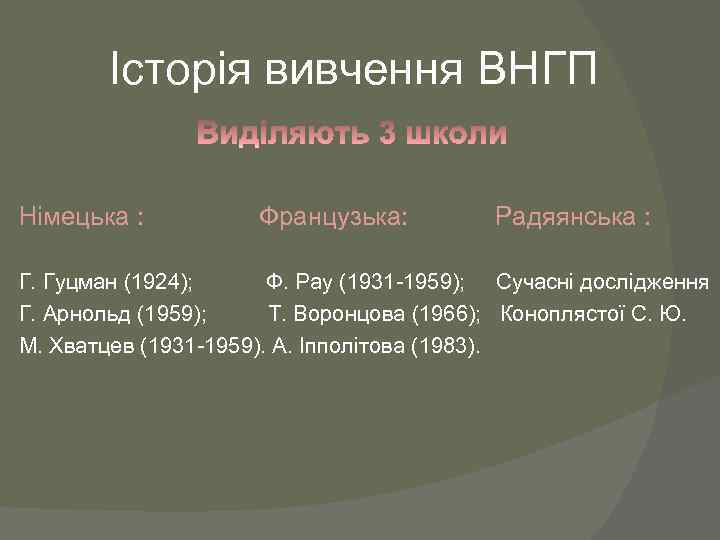 Історія вивчення ВНГП Німецька : Французька: Радяянська : Г. Гуцман (1924); Ф. Рау (1931