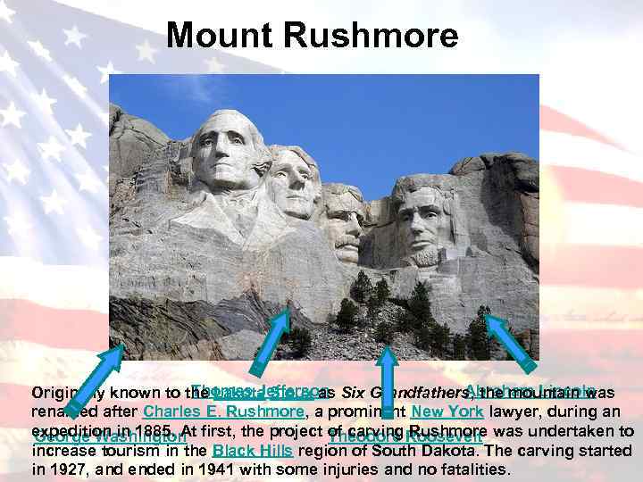 Mount Rushmore Thomas Jefferson Abraham Lincoln Originally known to the Lakota Sioux as Six