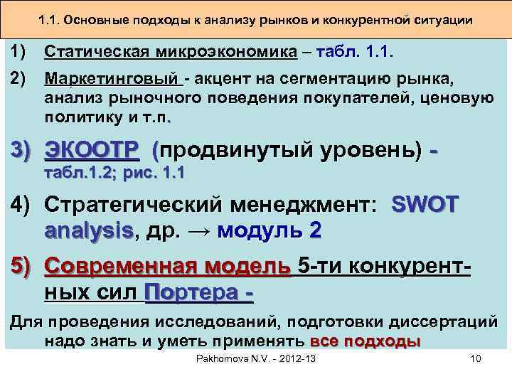 1. 1. Основные подходы к анализу рынков и конкурентной ситуации 1) 2) Статическая микроэкономика