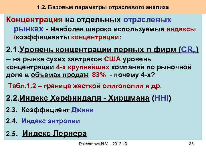 1. 2. Базовые параметры отраслевого анализа Концентрация на отдельных отраслевых рынках - наиболее широко