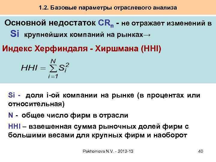 1. 2. Базовые параметры отраслевого анализа Основной недостаток CRn - не отражает изменений в