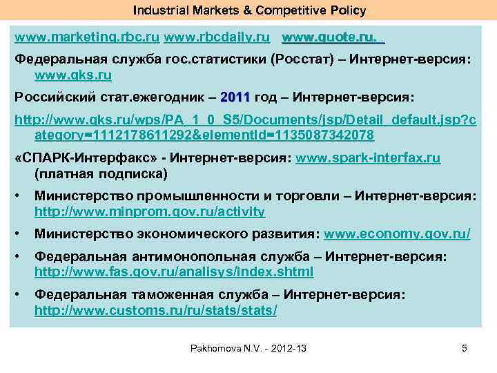 Industrial Markets & Competitive Policy www. marketing. rbc. ru www. rbcdaily. ru www. quote.
