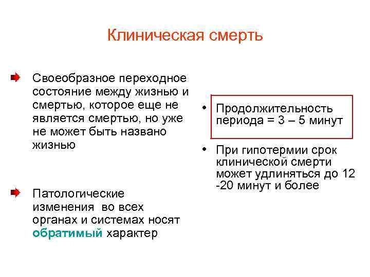 Клиническая смерть Своеобразное переходное состояние между жизнью и смертью, которое еще не является смертью,