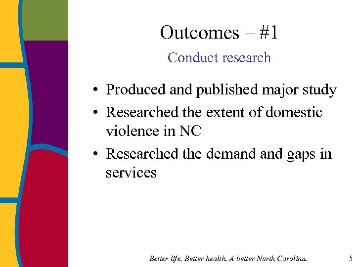 Outcomes – #1 Conduct research • Produced and published major study • Researched the