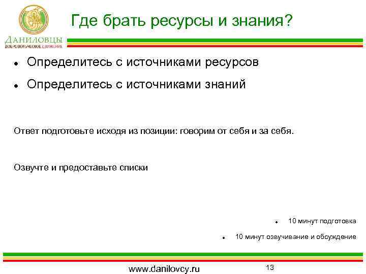 Где брать ресурсы и знания? Определитесь с источниками ресурсов Определитесь с источниками знаний Ответ