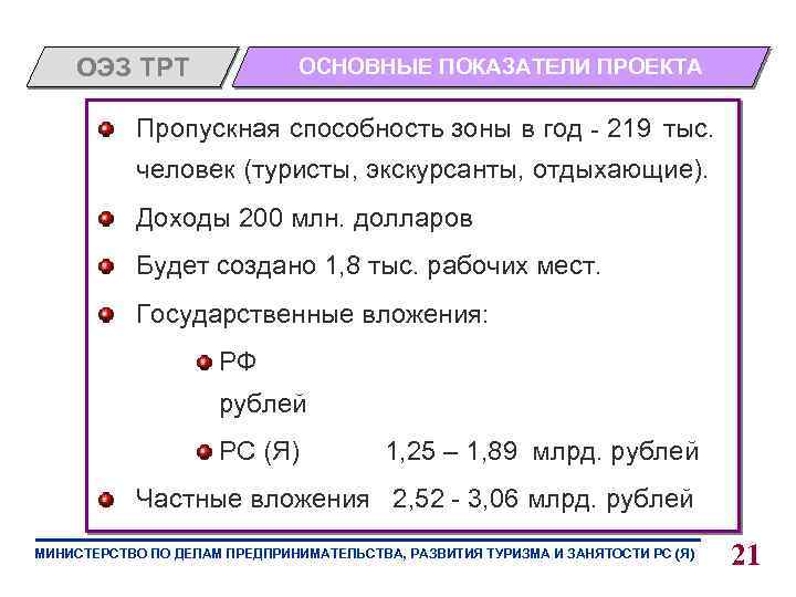 ОЭЗ ТРТ ОСНОВНЫЕ ПОКАЗАТЕЛИ ПРОЕКТА Пропускная способность зоны в год - 219 тыс. человек