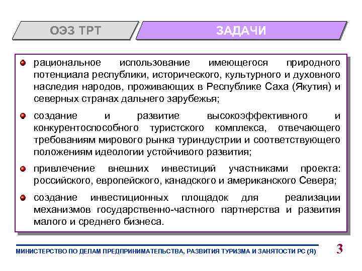 ОЭЗ ТРТ ЗАДАЧИ рациональное использование имеющегося природного потенциала республики, исторического, культурного и духовного наследия