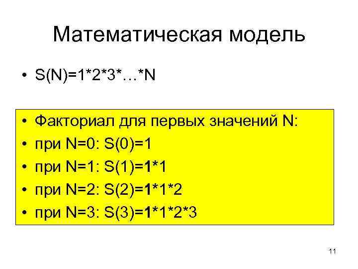 Математическая модель • S(N)=1*2*3*…*N • • • Факториал для первых значений N: при N=0: