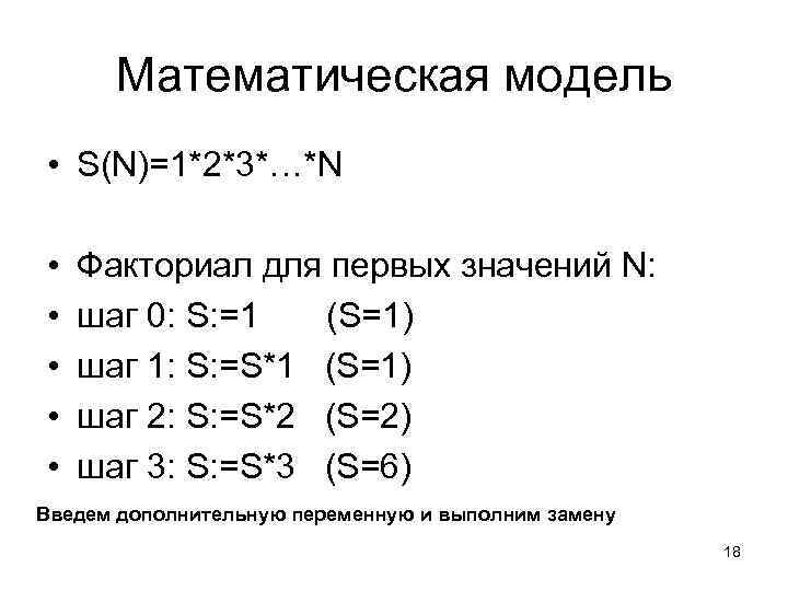 Математическая модель • S(N)=1*2*3*…*N • • • Факториал для первых значений N: шаг 0: