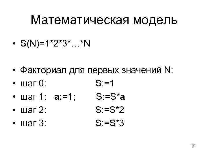 Математическая модель • S(N)=1*2*3*…*N • • • Факториал для первых значений N: шаг 0: