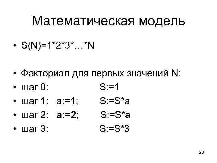 Математическая модель • S(N)=1*2*3*…*N • • • Факториал для первых значений N: шаг 0: