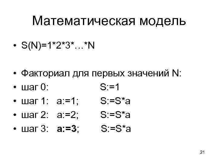 Математическая модель • S(N)=1*2*3*…*N • • • Факториал для первых значений N: шаг 0: