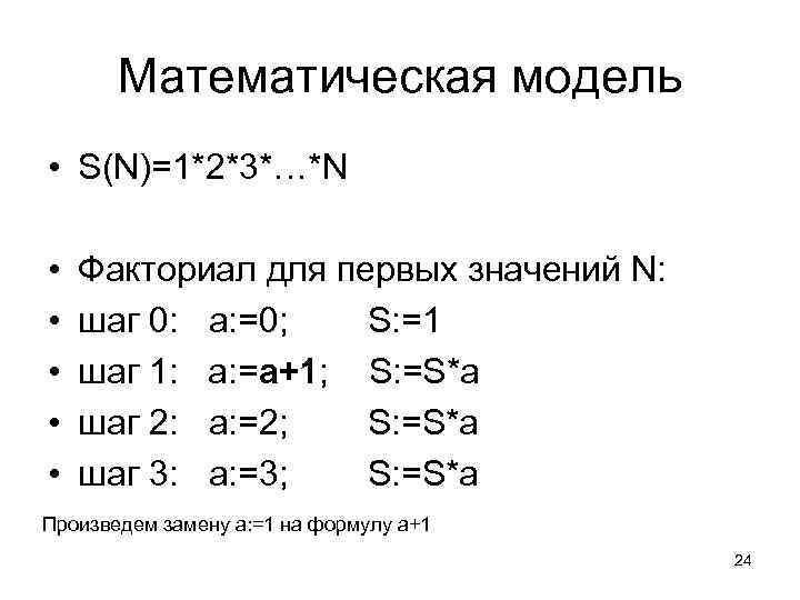 Математическая модель • S(N)=1*2*3*…*N • • • Факториал для первых значений N: шаг 0: