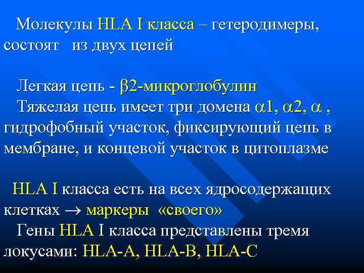  Молекулы HLA I класса – гетеродимеры, состоят из двух цепей Легкая цепь -