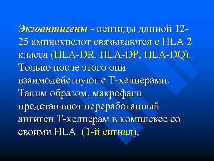 Экзоантигены - пептиды длиной 1225 аминокислот связываются с HLA 2 класса (HLA-DR, HLA-DP, HLA-DQ).