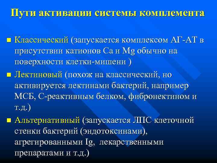 Пути активации системы комплемента Классический (запускается комплексом АГ-АТ в присутствии катионов Ca и Mg