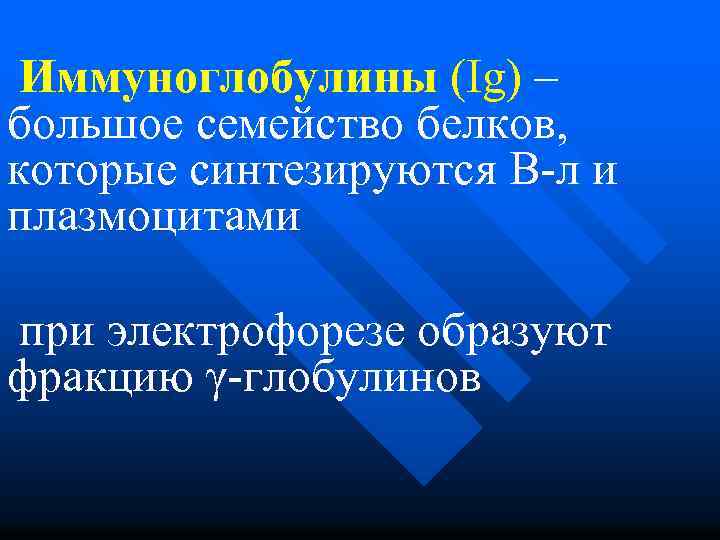 Иммуноглобулины (Ig) – большое семейство белков, которые синтезируются В-л и плазмоцитами при электрофорезе образуют