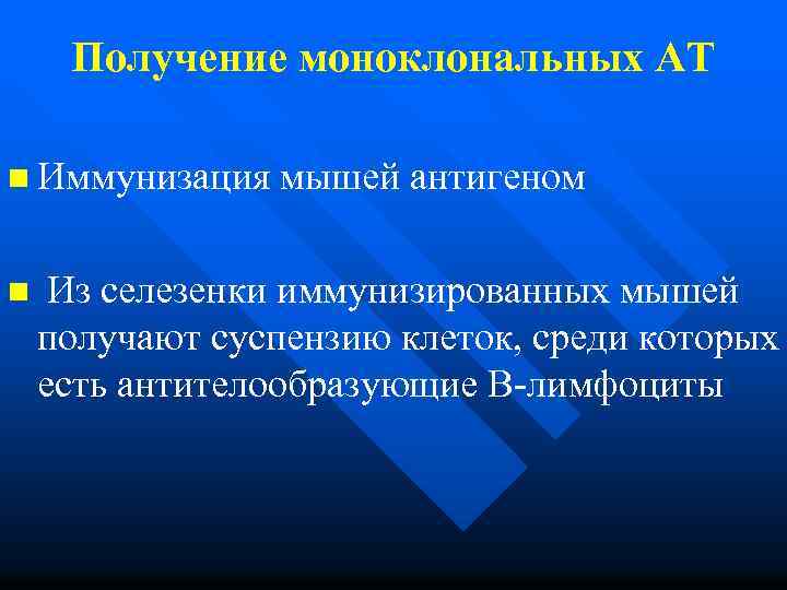 Получение моноклональных АТ n Иммунизация мышей антигеном n Из селезенки иммунизированных мышей получают суспензию