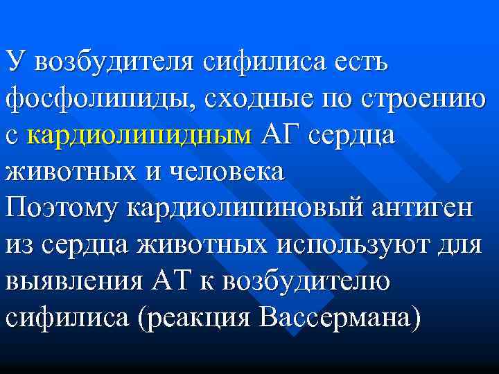 У возбудителя сифилиса есть фосфолипиды, сходные по строению с кардиолипидным АГ сердца животных и