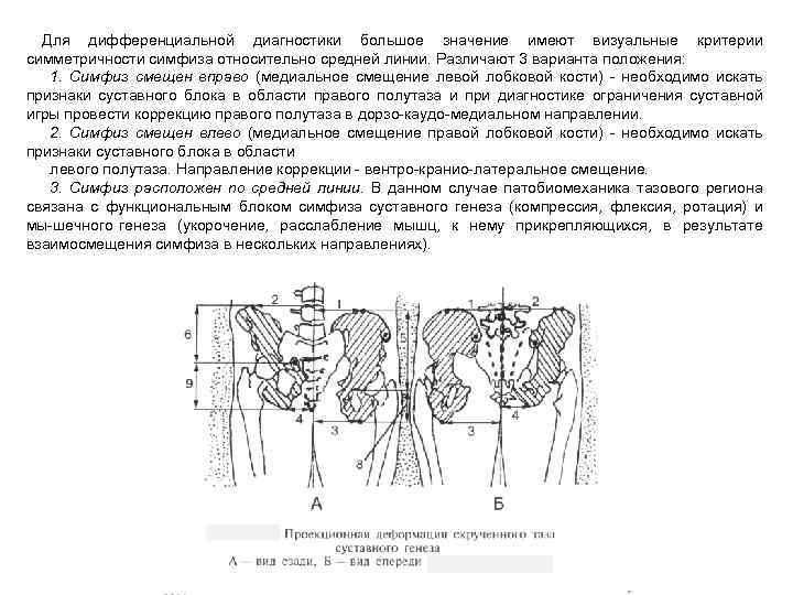 Для дифференциальной диагностики большое значение имеют визуальные критерии симметричности симфиза относительно средней линии. Различают
