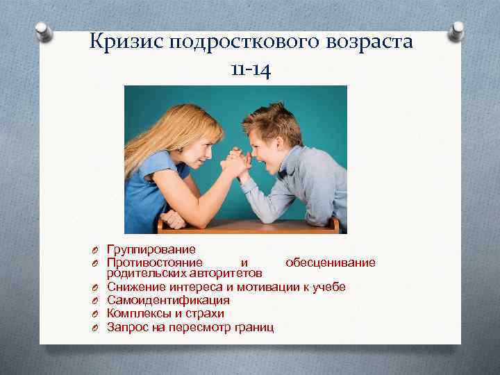Кризис подросткового возраста 11 -14 O Группирование O Противостояние O O и обесценивание родительских