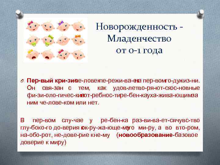 Новорожденность Младенчество от 0 -1 года O Пер вый кри зис че ловек е