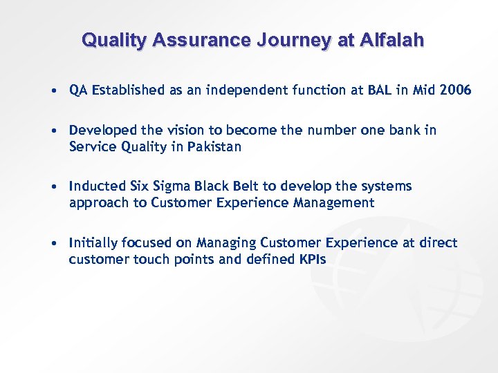 Quality Assurance Journey at Alfalah • QA Established as an independent function at BAL