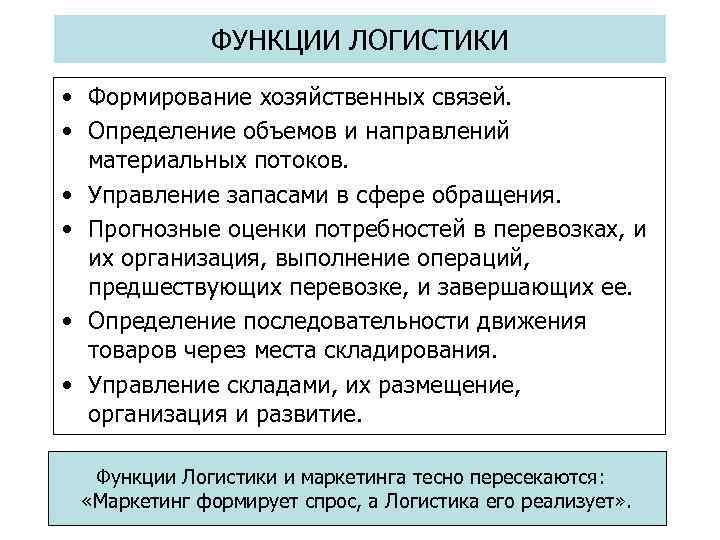 ФУНКЦИИ ЛОГИСТИКИ • Формирование хозяйственных связей. • Определение объемов и направлений материальных потоков. •