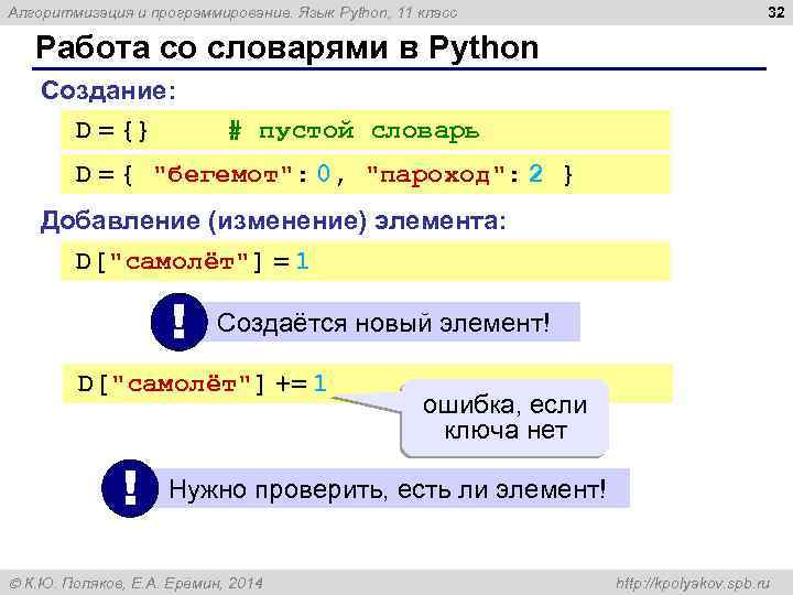 Алгоритмизация и программирование. Язык Python, 11 класс 32 Работа со словарями в Python Создание:
