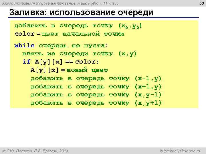 53 Алгоритмизация и программирование. Язык Python, 11 класс Заливка: использование очереди добавить в очередь