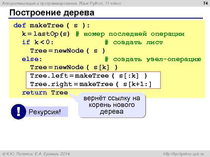 74 Алгоритмизация и программирование. Язык Python, 11 класс Построение дерева def make. Tree (