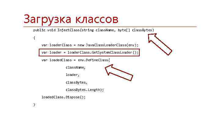 Загрузка классов public void Inject. Class(string class. Name, byte[] class. Bytes) { var loader.