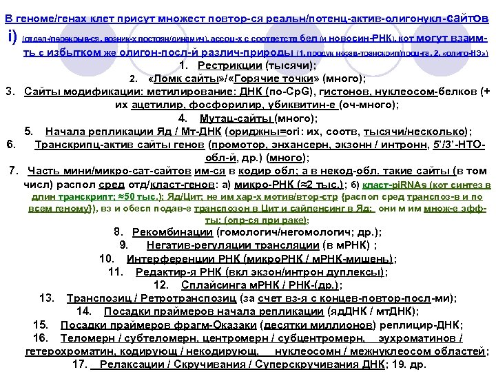 В геноме/генах клет присут множест повтор-ся реальн/потенц-актив-олигонукл- сайтов i) (отдел-/перекрыв-ся, возник-х постоян/динамич), ассоц-х с