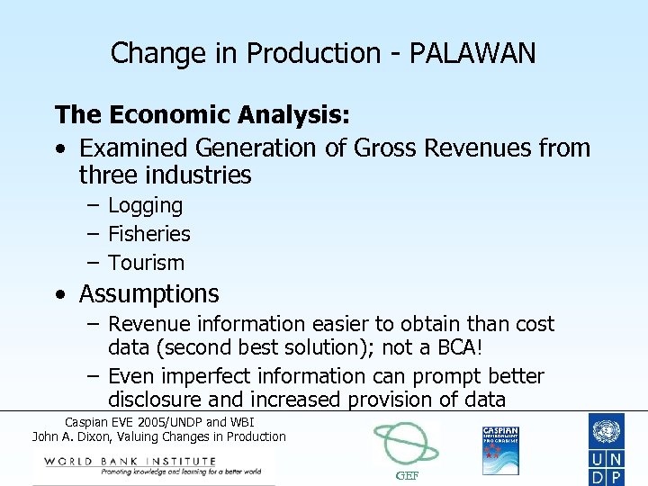 Change in Production - PALAWAN The Economic Analysis: • Examined Generation of Gross Revenues