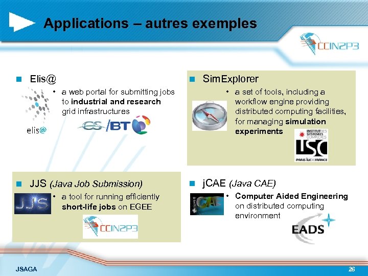 Applications – autres exemples n Elis@ n • a web portal for submitting jobs