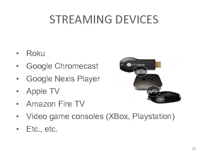 STREAMING DEVICES • Roku • Google Chromecast • Google Nexis Player • Apple TV