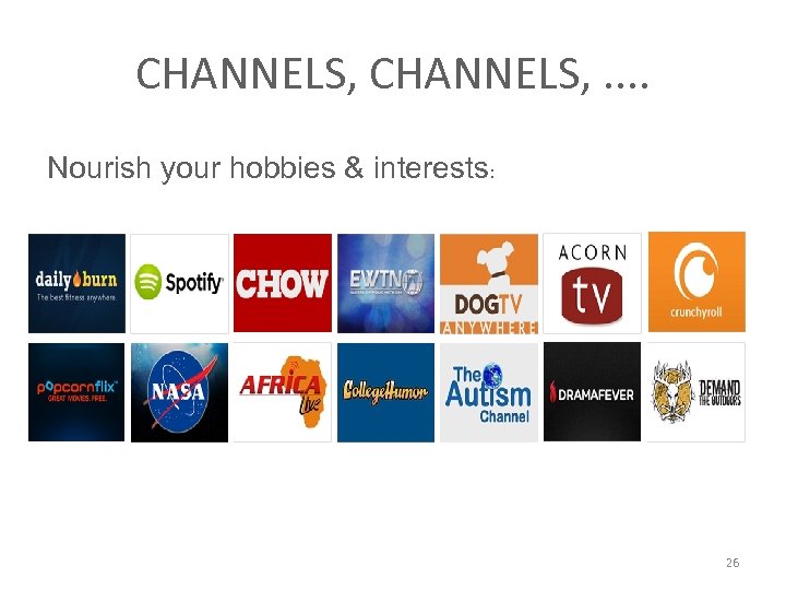 CHANNELS, . . Nourish your hobbies & interests: 26 