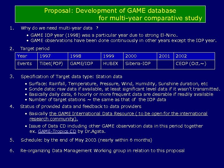 Proposal: Development of GAME database for multi-year comparative study 1. Why do we need