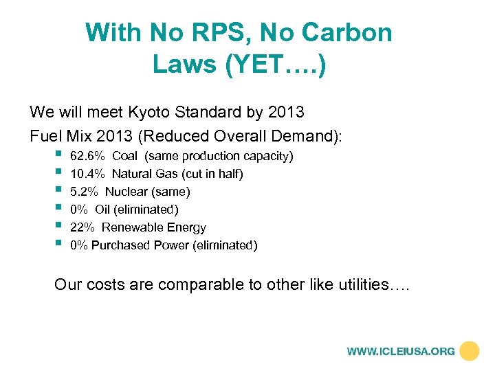 With No RPS, No Carbon Laws (YET…. ) We will meet Kyoto Standard by