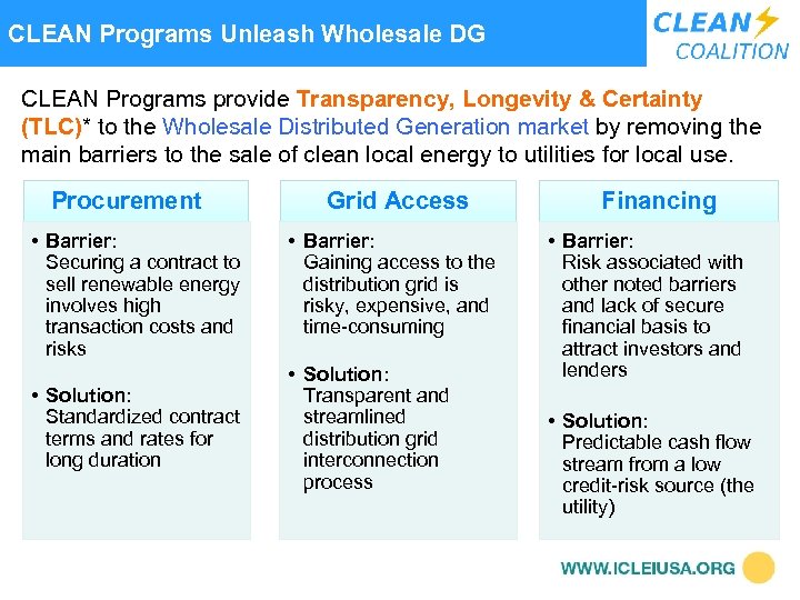  CLEAN Programs Unleash Wholesale DG CLEAN Programs provide Transparency, Longevity & Certainty (TLC)*