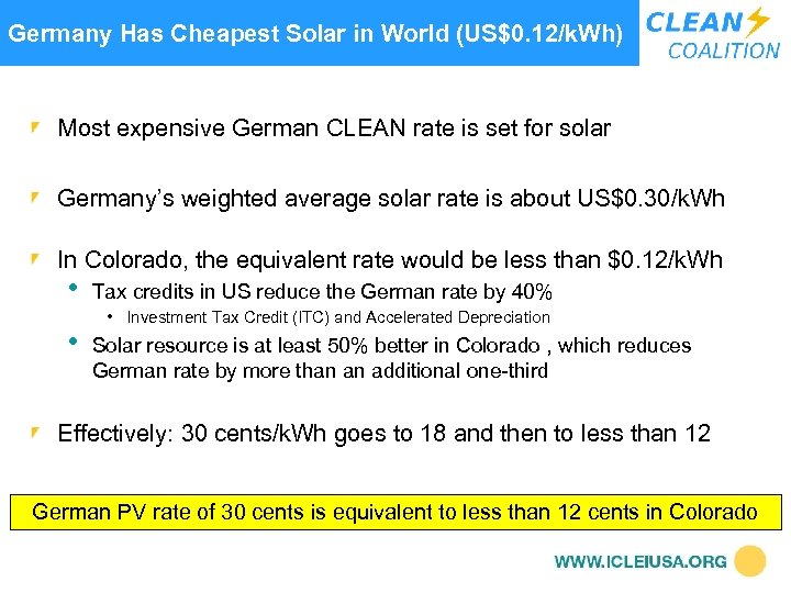  Germany Has Cheapest Solar in World (US$0. 12/k. Wh) Most expensive German CLEAN