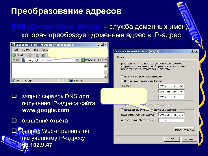 Преобразование адресов DNS (Domain Name Service) – служба доменных имен, которая преобразует доменный адрес