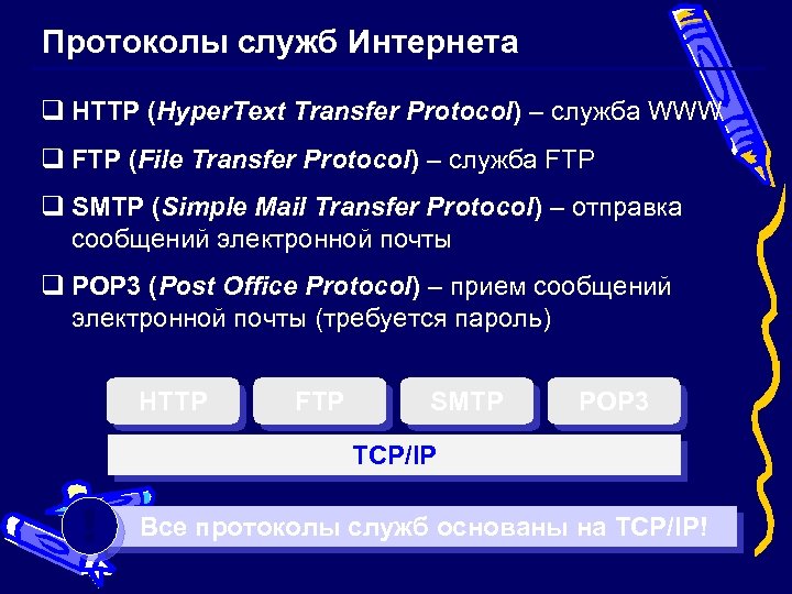 Протоколы служб Интернета q HTTP (Hyper. Text Transfer Protocol) – служба WWW q FTP