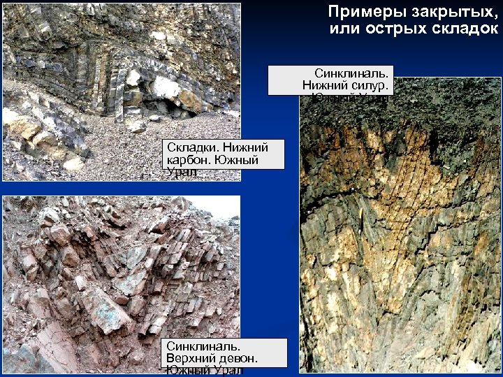 Примеры закрытых, или острых складок Синклиналь. Нижний силур. Южный Урал Складки. Нижний карбон. Южный