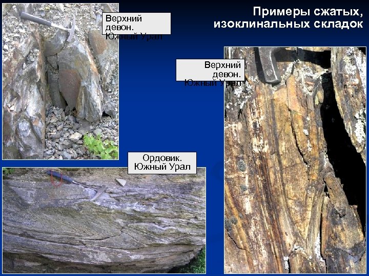 Примеры сжатых, изоклинальных складок Верхний девон. Южный Урал Ордовик. Южный Урал 