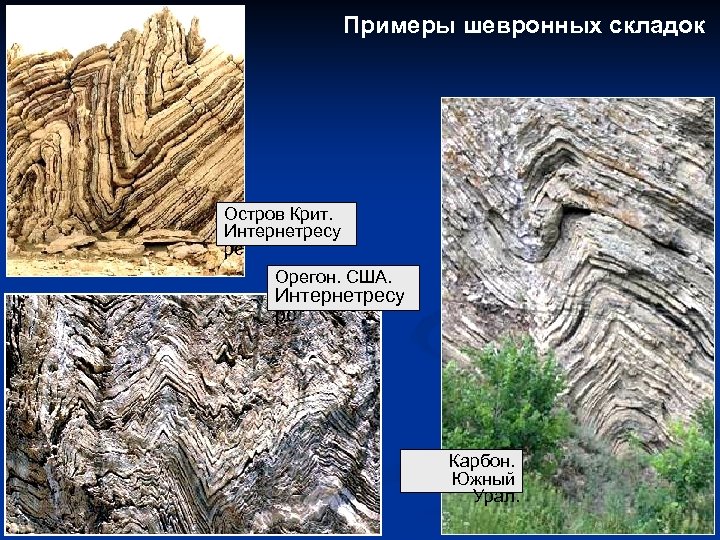 Примеры шевронных складок Остров Крит. Интернетресу рс Орегон. США. Интернетресу рс Карбон. Южный Урал.