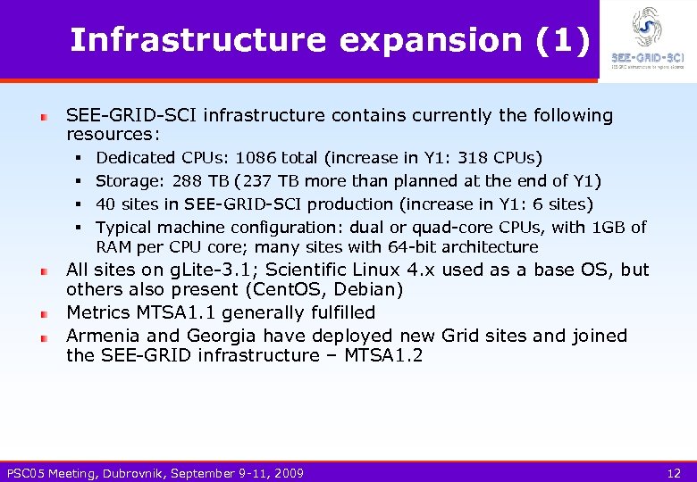 Infrastructure expansion (1) SEE-GRID-SCI infrastructure contains currently the following resources: § § Dedicated CPUs: