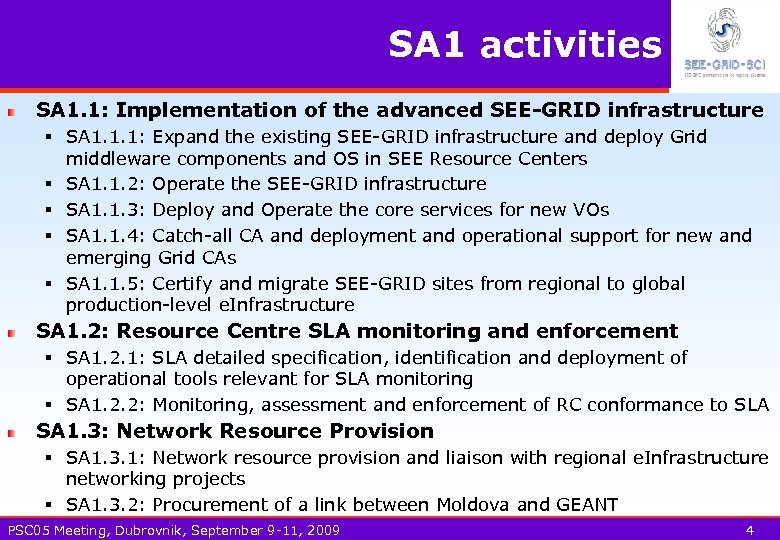 SA 1 activities SA 1. 1: Implementation of the advanced SEE-GRID infrastructure § SA
